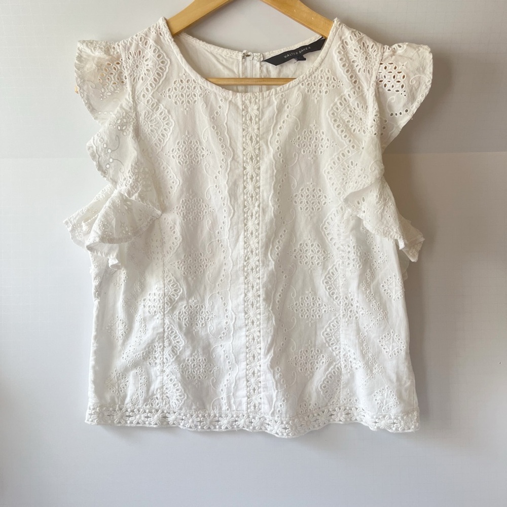 Walter Baker White Eyelet Ruffle Sleeve Top Size XL Runs Small Classic White Top